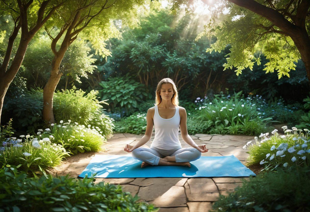 A serene and tranquil scene depicting a sunlit garden, where diverse individuals practice holistic therapies like yoga, meditation, and herbal remedies amidst blooming flowers and lush greenery. Include symbols of unity and healing, such as hands joining together and gentle streams of water flowing. The atmosphere should evoke a sense of peace and well-being, showcasing the connection between mind, body, and nature. soft focus. vibrant colors. peaceful ambiance.
