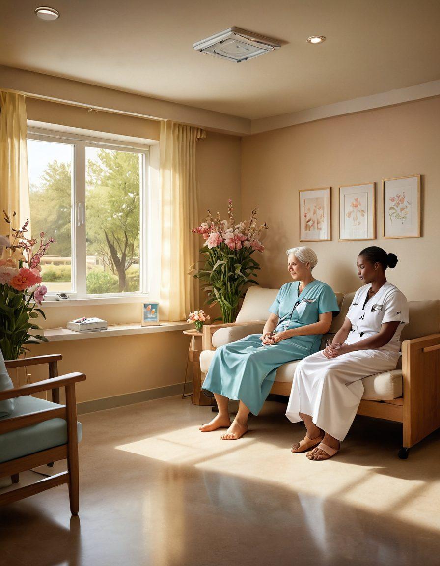 A serene and supportive scene depicting a cancer care center, with warm lighting and soft colors, showing a diverse group of patients receiving compassionate care from doctors and nurses. Incorporate symbols of hope, such as ribbons and blooming flowers, representing wellness and resilience. Capture an atmosphere of empowerment, community, and healing. super-realistic. vibrant colors. peaceful ambiance.