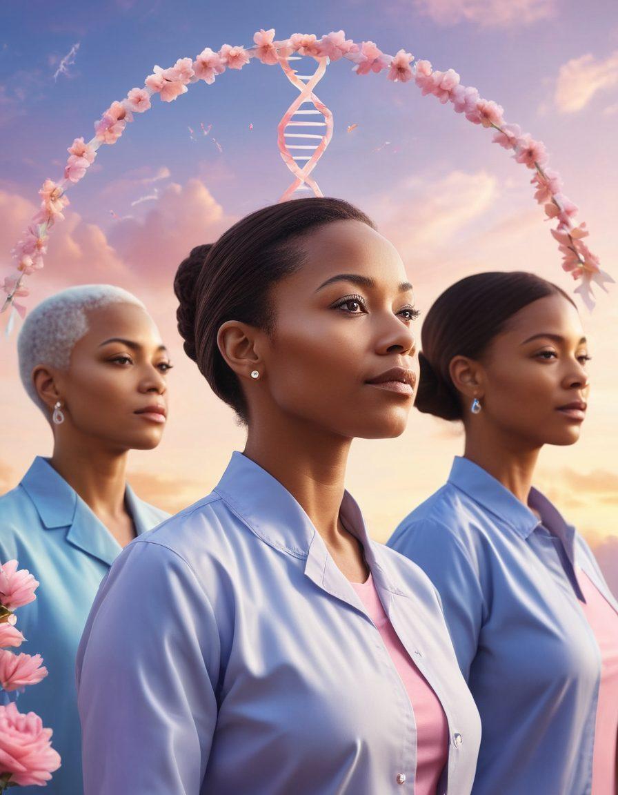A serene scene showcasing a diverse group of cancer survivors standing together, united in strength and hope. In the background, symbols of support like ribbons and flowers intertwine with scientific research elements such as DNA strands and lab equipment. The sky is bright and uplifting, symbolizing hope and healing. The colors used should be soft and warm, evoking feelings of community and resilience. soft focus. pastel colors. inspiring atmosphere.